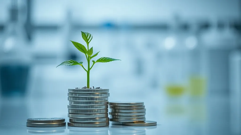 A close up of a green plant growing out of a stack of coins,