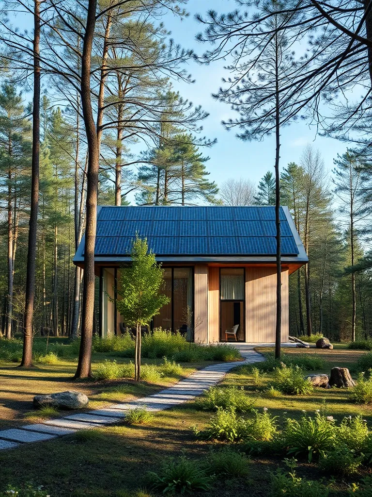 A modern solar-powered house in a forest, sustainable archit