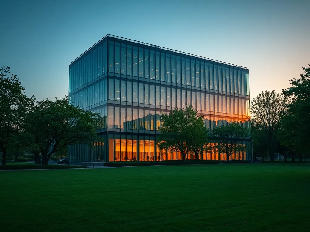 A wide shot of a modern sustainable glass office building in
