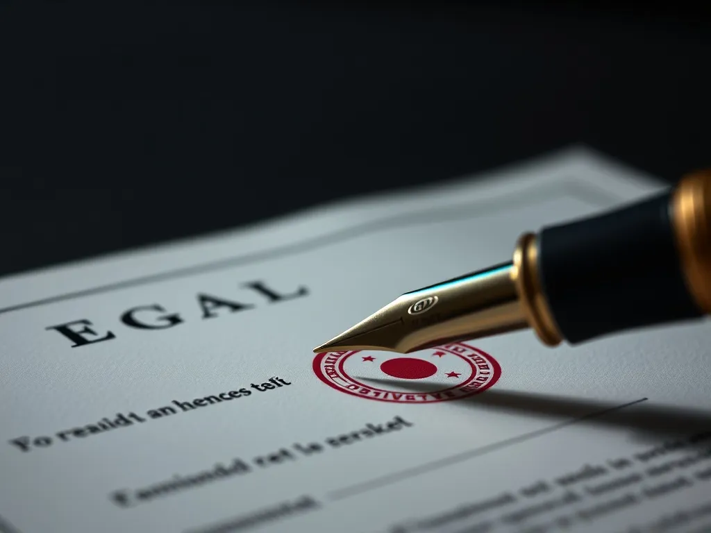 Close up of a fountain pen on a legal document with a stamp,