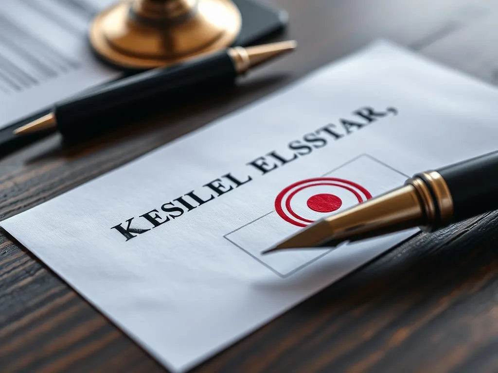 Close-up of a legal document with a stamp and a professional