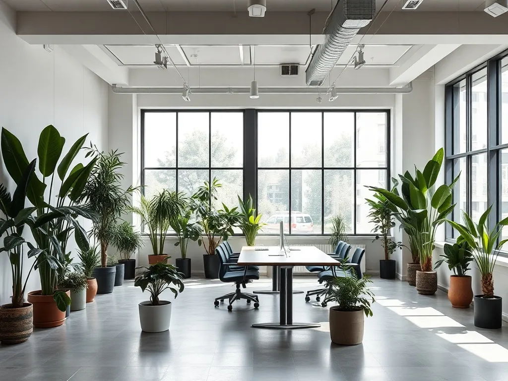 Modern minimalist office space in Lodz with green plants and